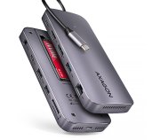 AXAGON HMC-12GM2, USB 10Gbps hub, 3x USB-A, USB-C,  HDMI, DP, RJ-45 GLAN, M.2, SD/mSD, audio, PD foto