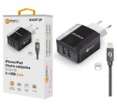 Chytrá síťová nabíječka ALIGATOR 3.4A, 2xUSB, smart IC, černá, kabel pro iPhone/iPad 2A foto
