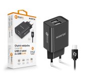 Chytrá síťová nabíječka ALIGATOR 2,4A, 2xUSB, smart IC, černá, USB-C kabel foto