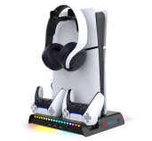iPega P5S006 Multifunkční Nabíjecí RGB Stojan s Chlazením pro PS5 Slim Black foto